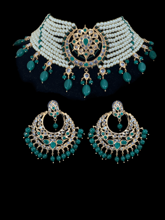 C103 Noor choker set in green with golden pearls (READY TO SHIP)