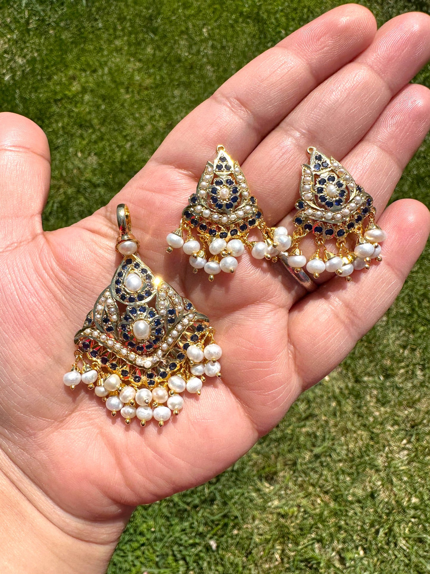 Sapphire with Fresh water pearl gold plated silver pendant set  ( SHIPS IN 5 WEEKS )