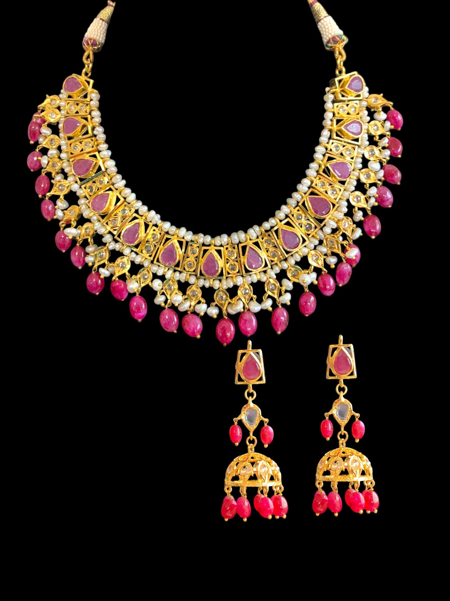 RAKIBA gold plated silver necklace set in ruby with fresh water pearls ( SHIPS IN 6 WEEKS )