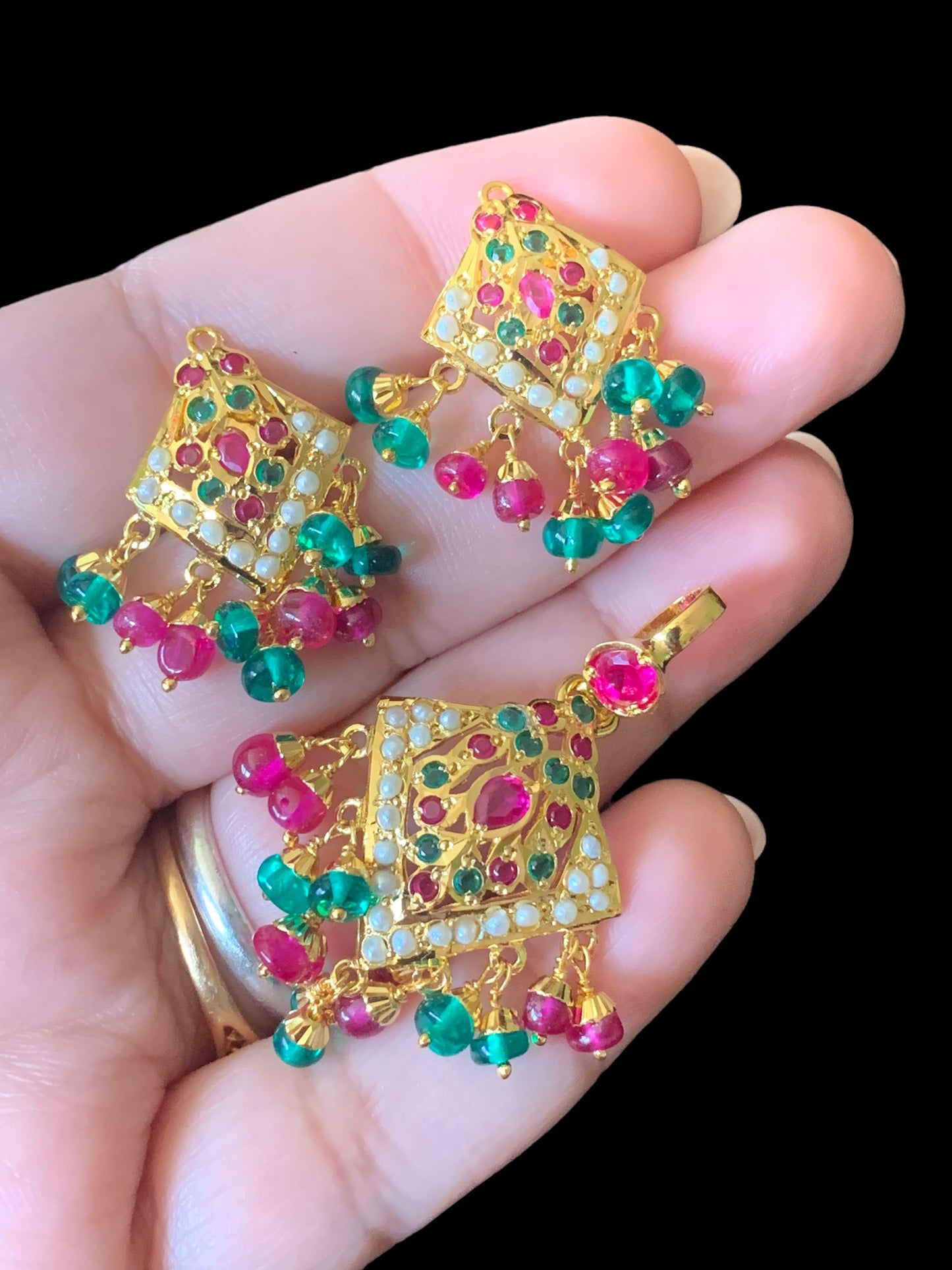Gold plated silver pendant set in ruby emerald ( SHIPS IN 5 WEEKS )