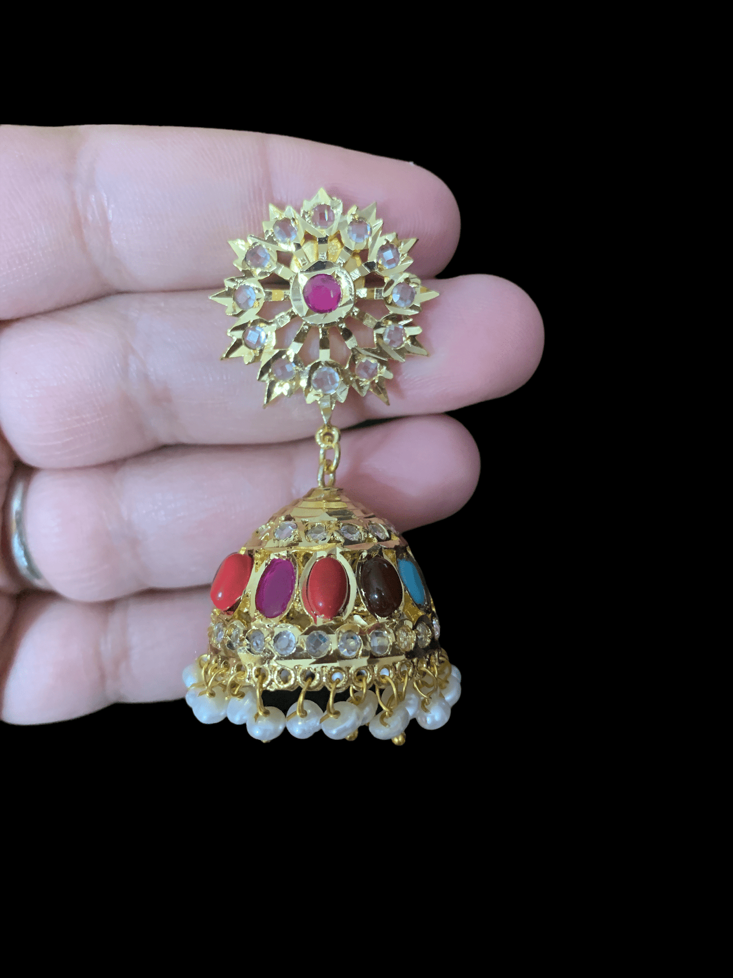 Hyderabadi fresh water pearl jhumka -navratan  ( READY TO SHIP )