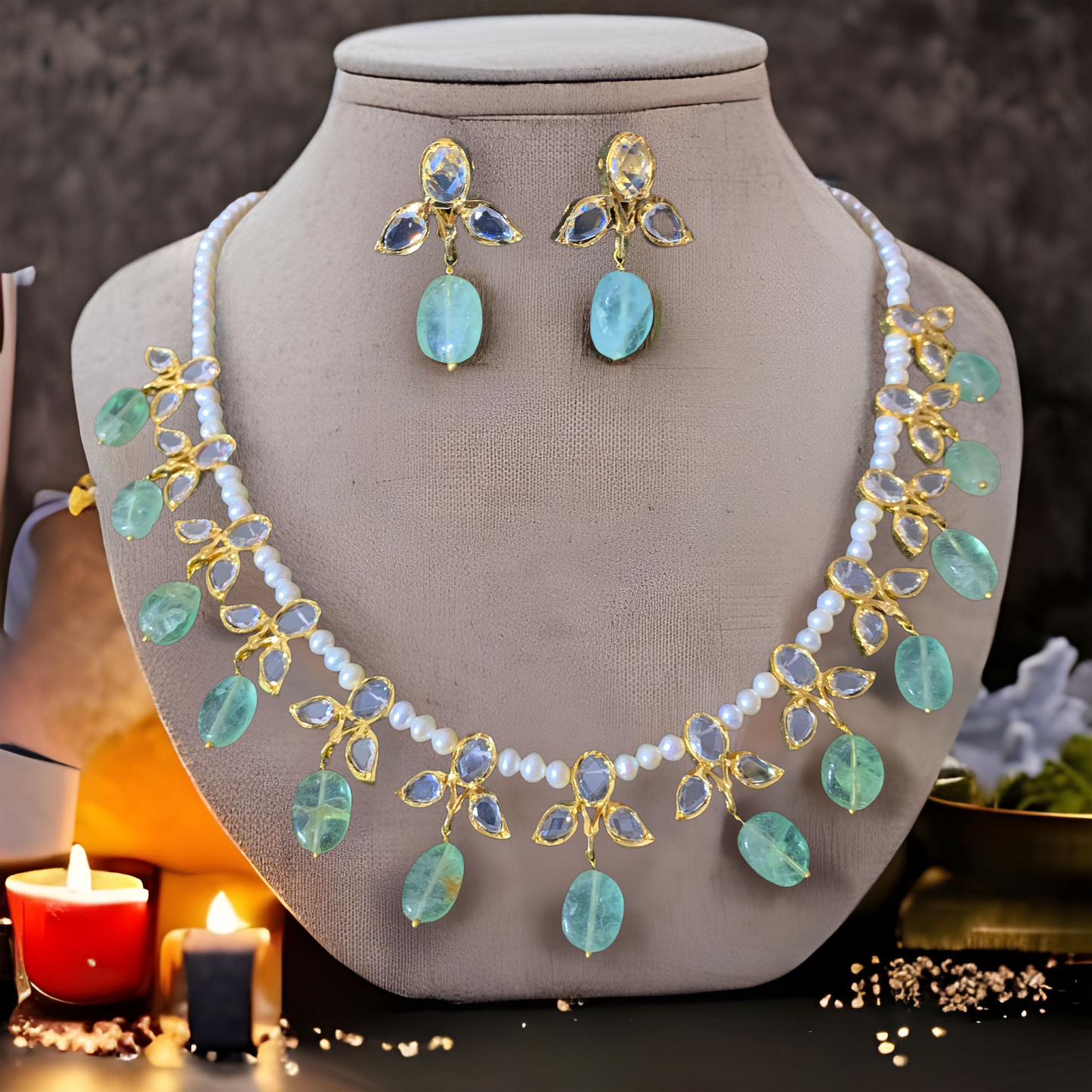 ZAFRIN gold plated silver necklace set in emerald beads  ( SHIPS IN 4 WEEKS )
