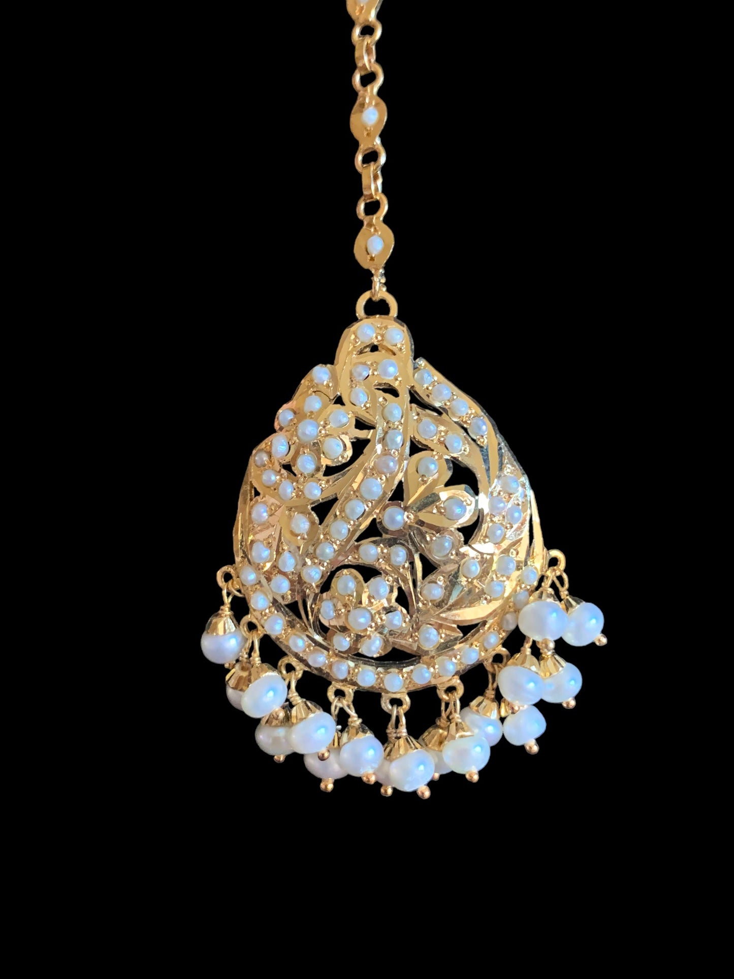 Gold plated silver tikka in fresh water pearls ( SHIPS IN 5 WEEKS  )
