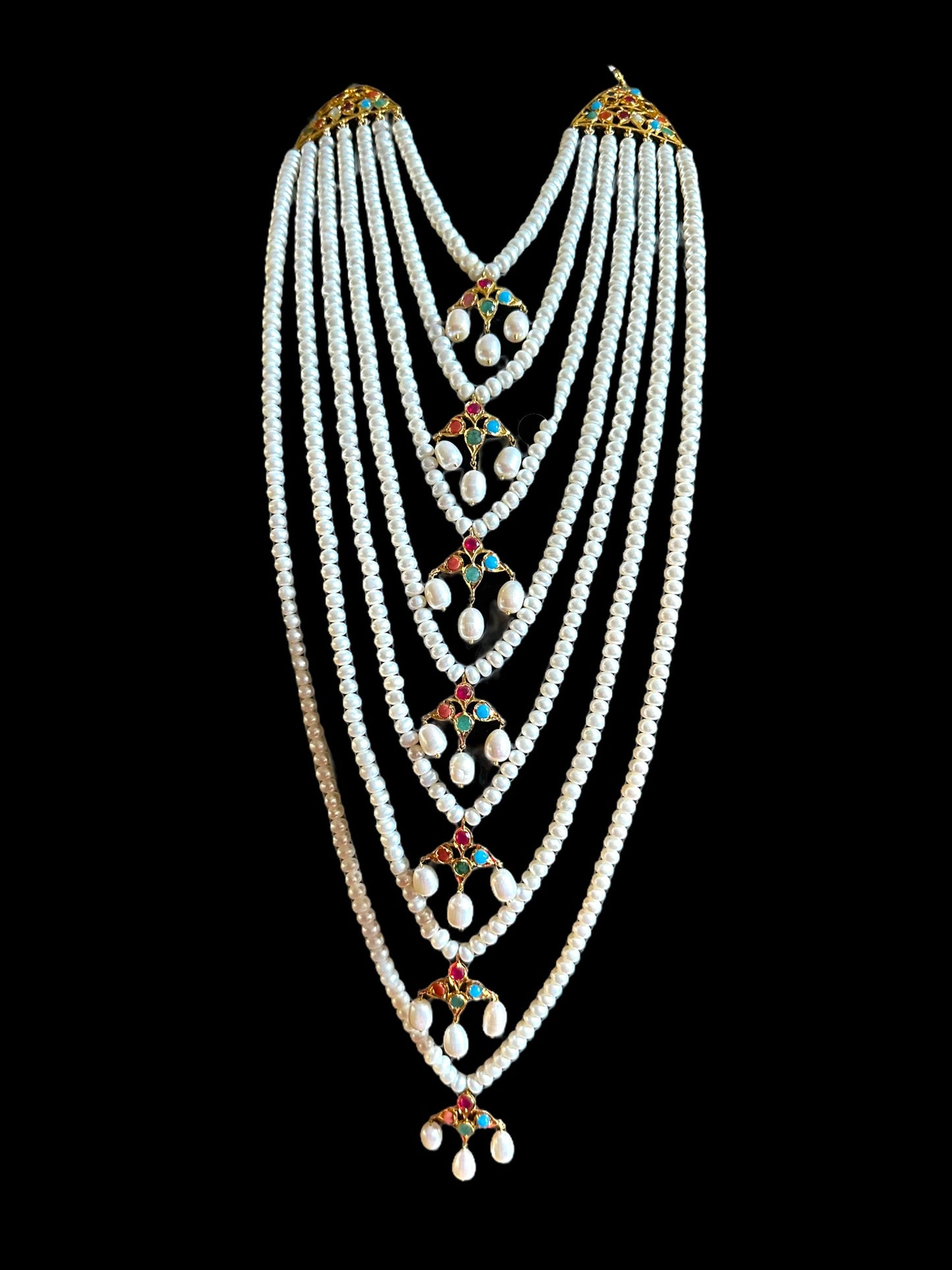 Hyderabadi Navratan satlada in gold plated silver with fresh water pearls (SHIPS IN 5 WEEKS  )