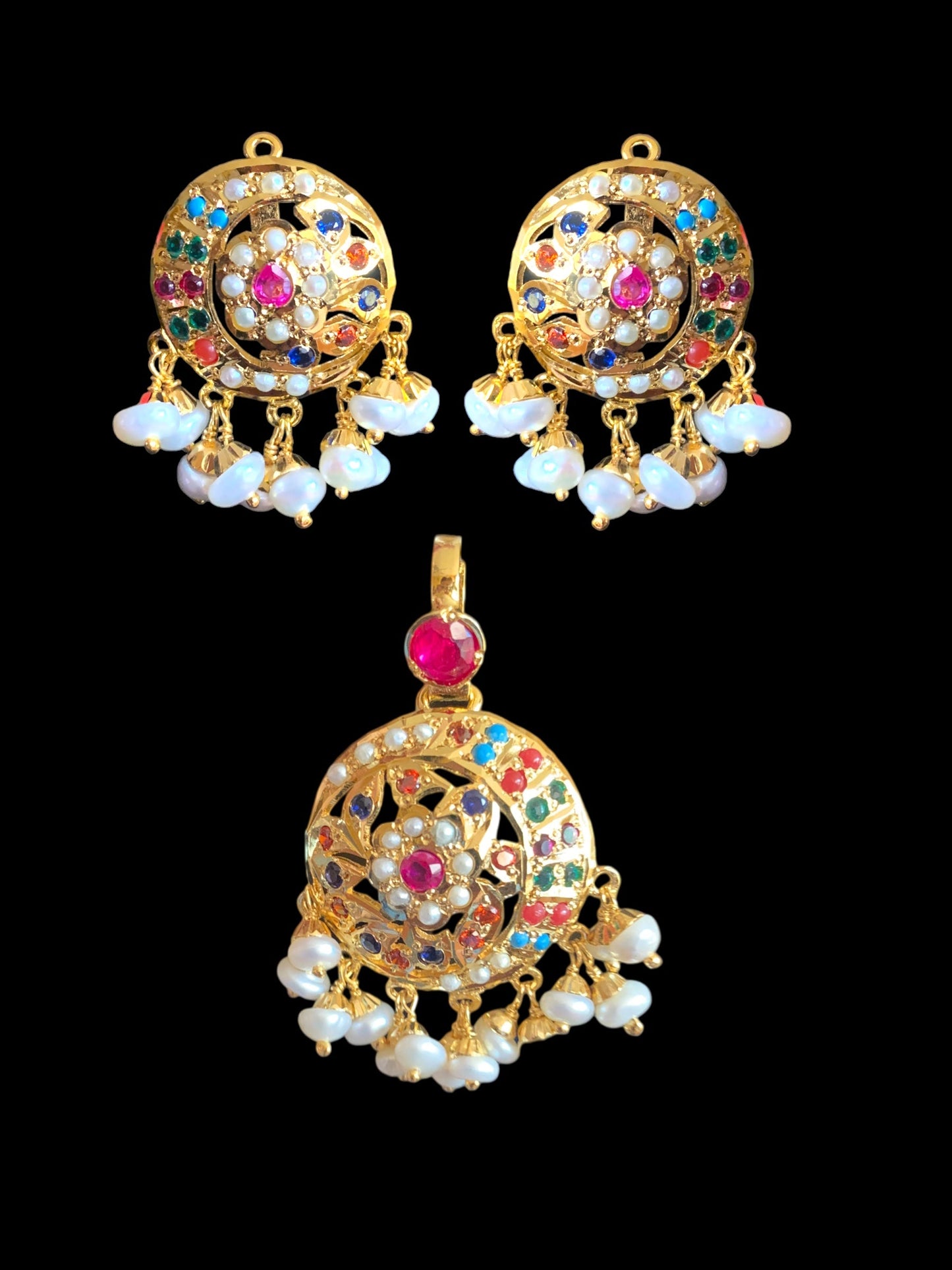 Navratan gold plated silver pendant set with fresh water pearls ( READY TO SHIP)