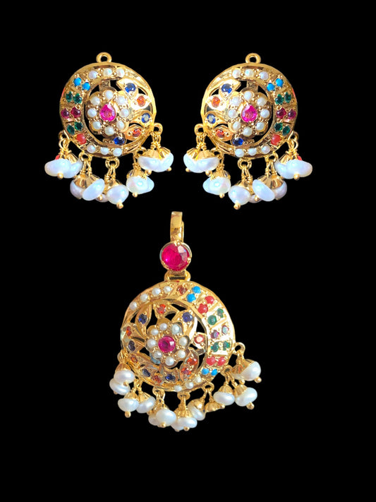 Navratan gold plated silver pendant set with fresh water pearls ( READY TO SHIP)