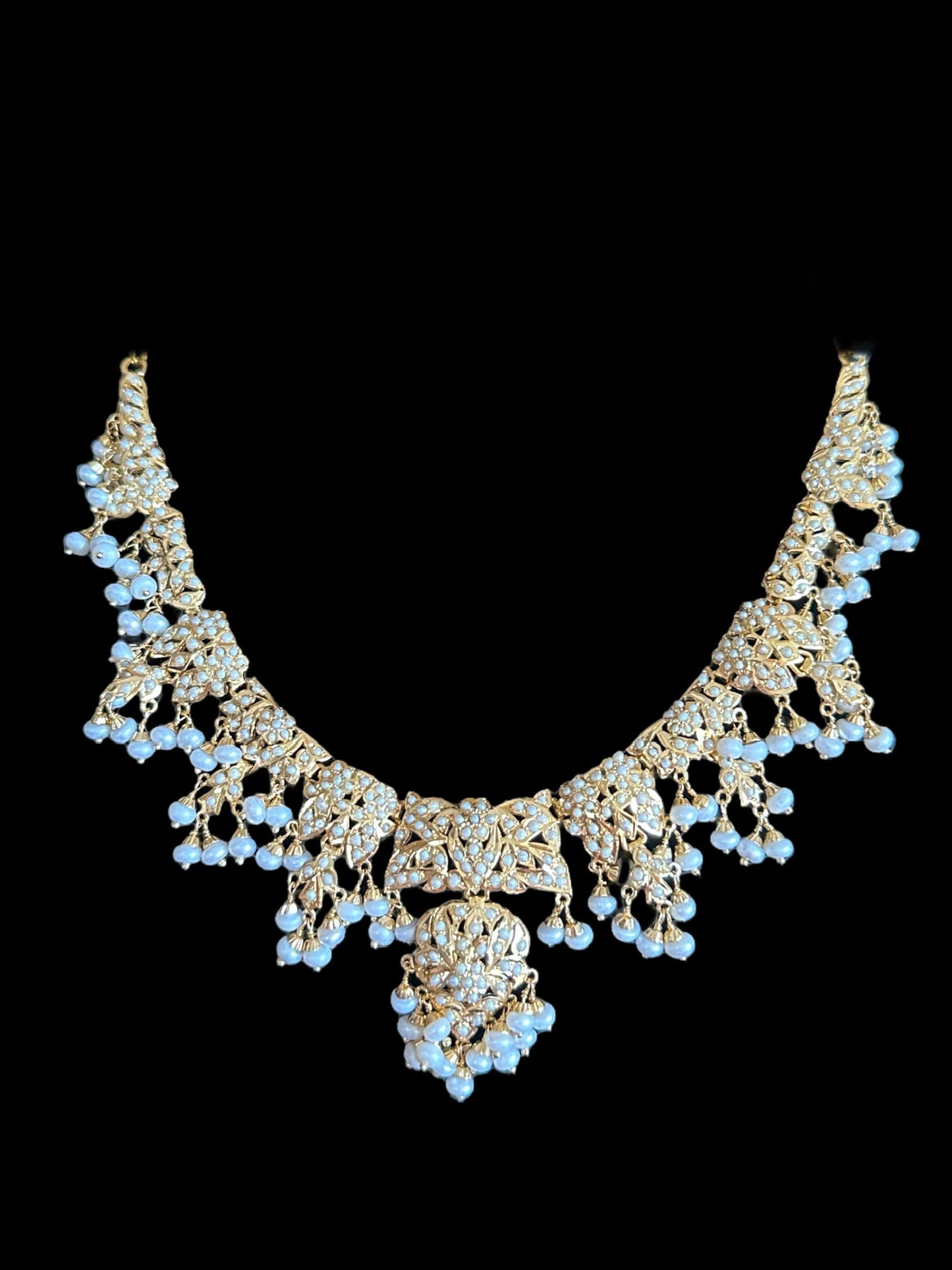 Fresh water pearl jadau necklace with earrings in gold plated silver ( READY TO SHIP)