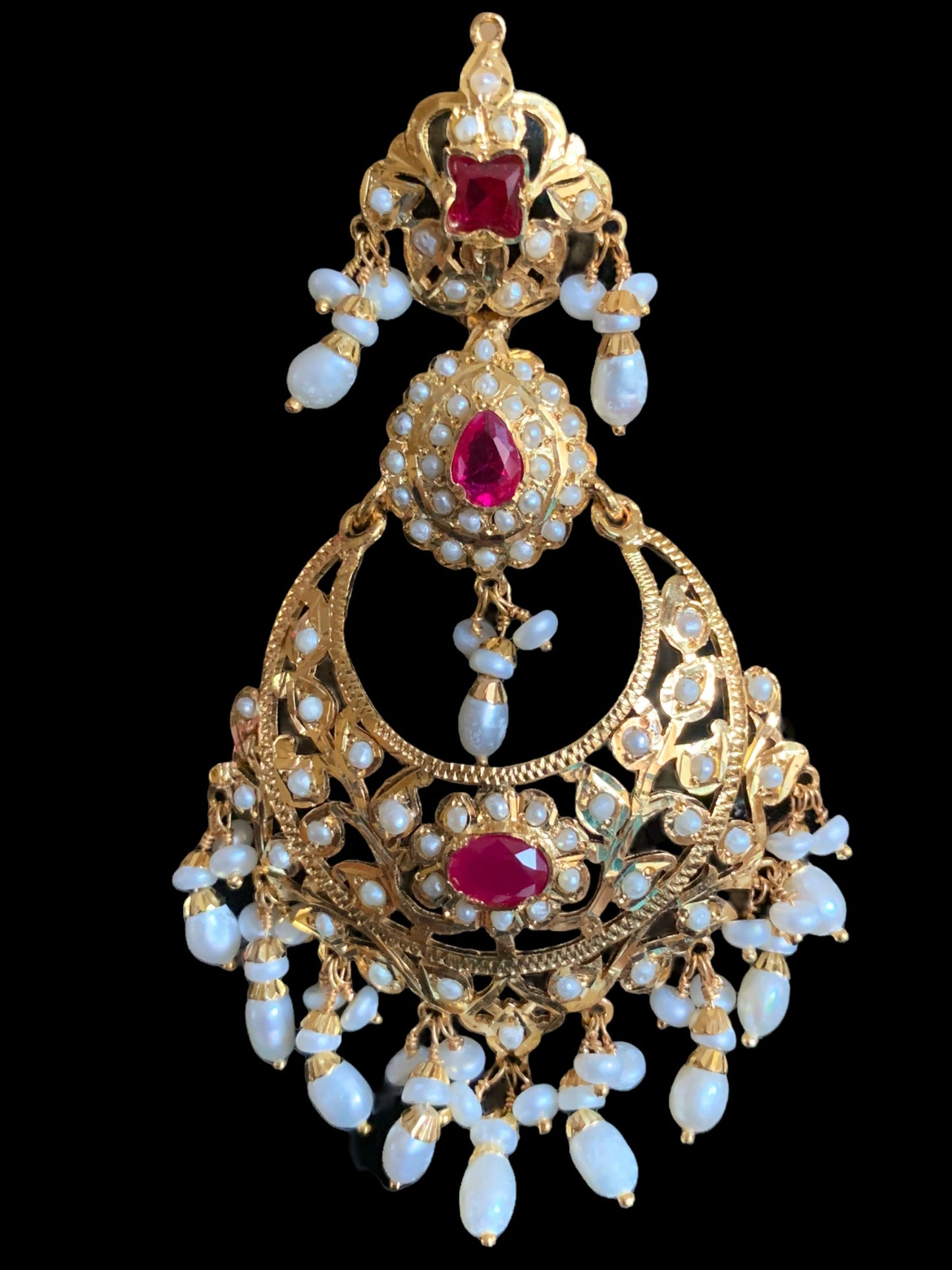 Nadine gold plated silver earrings in fresh water pearls and rubies ( SHIPS IN 5 WEEKS )