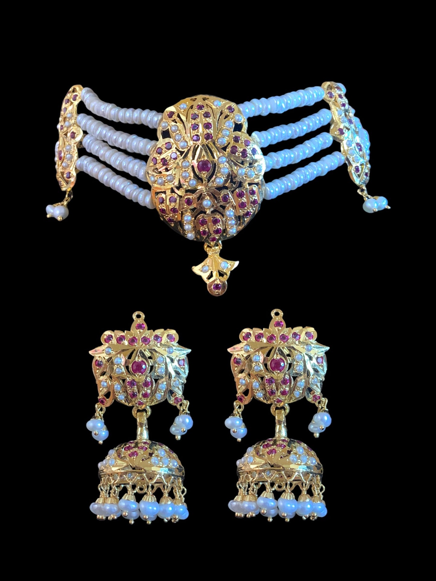 ALARNA gold plated silver choker in rubies and fresh water pearls ( SHIPS IN 5 WEEKS )