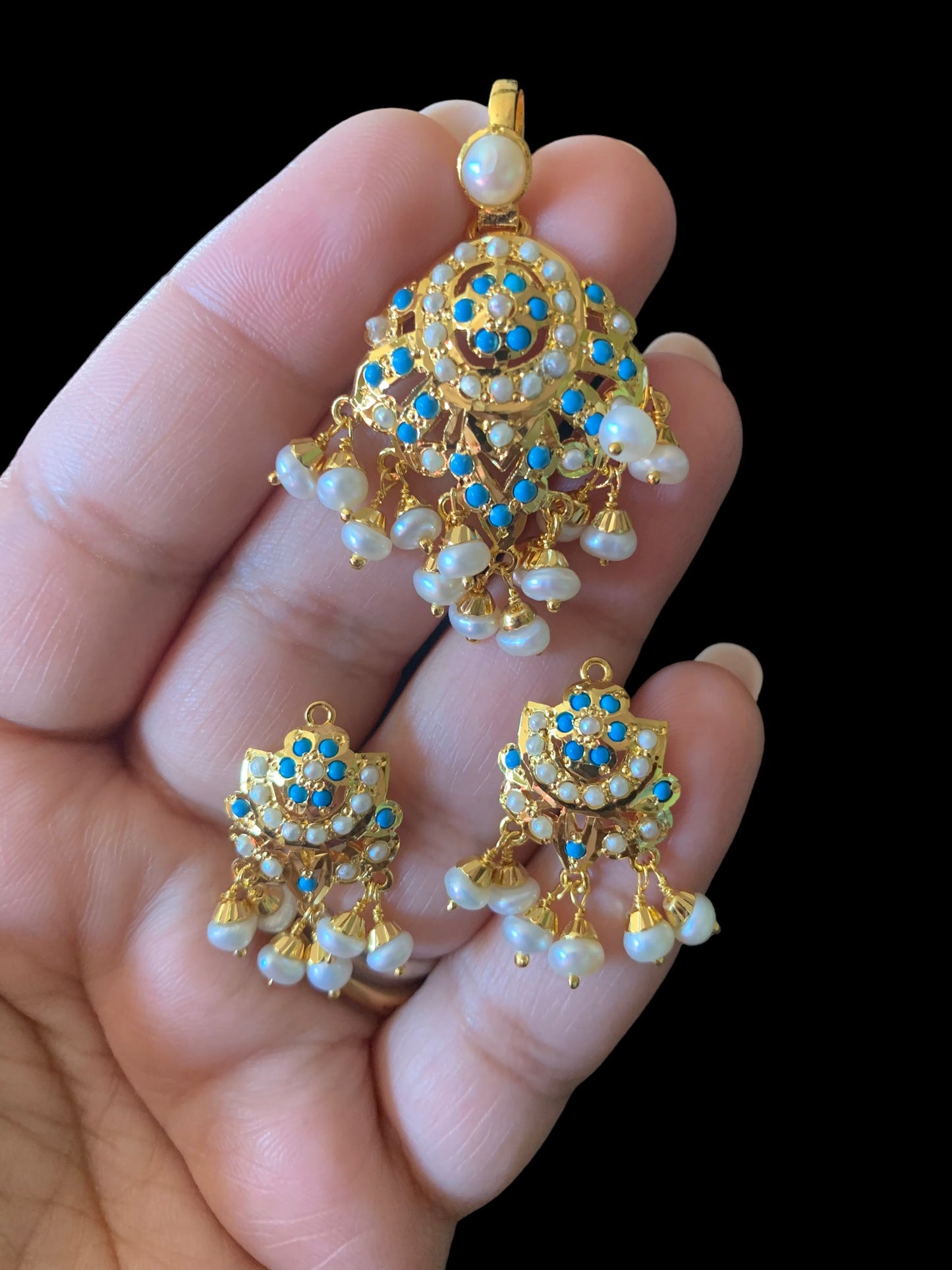 Gold plated silver pendant set in turquoise / feroza ( SHIPS IN 5 WEEKS )