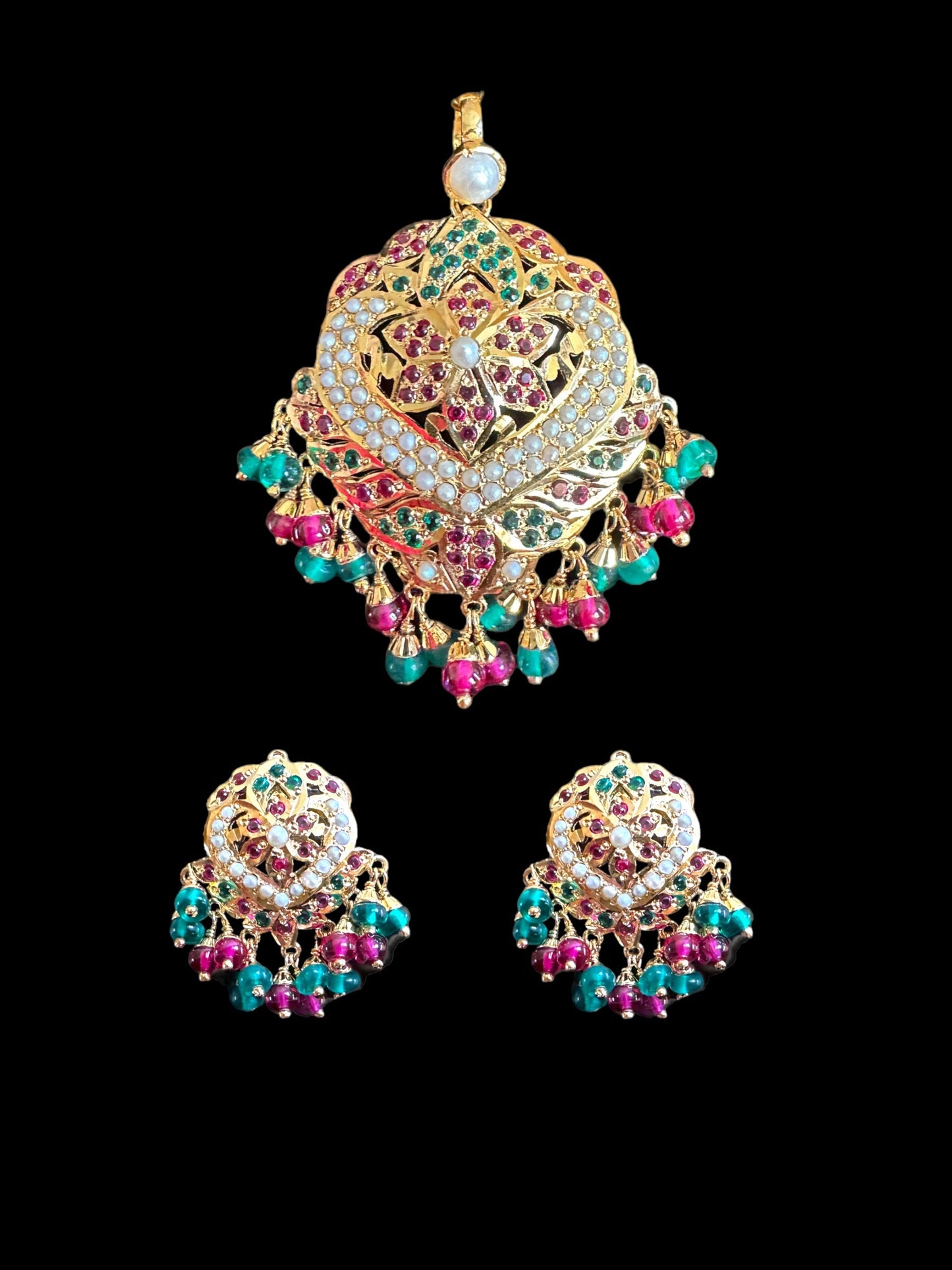 Ruby Emerald Freshwater Pearl Pendant Set in Gold-Plated Silver
  ( READY TO SHIP )