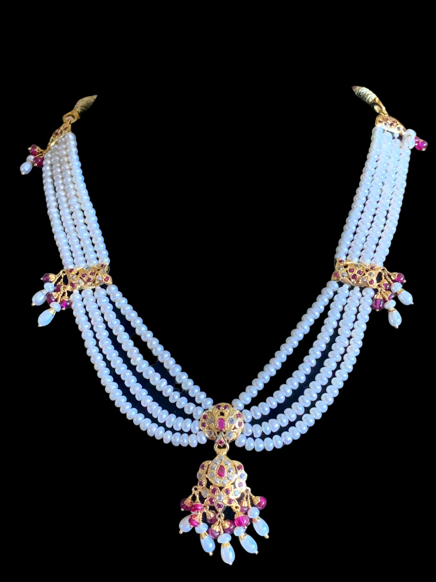 Ruby and zircon jadau gold plated silver necklace with earrings ( SHIPS IN 5 WEEKS )