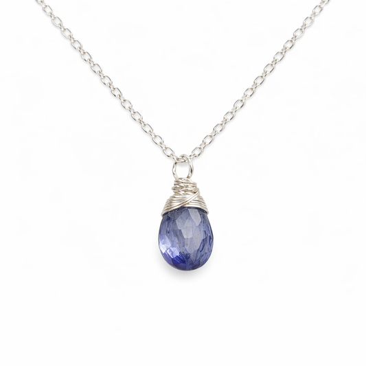 Dainty Iolite Briolette Necklace – Wire Wrapped Gemstone – Sterling Silver – Minimal Everyday Jewelry