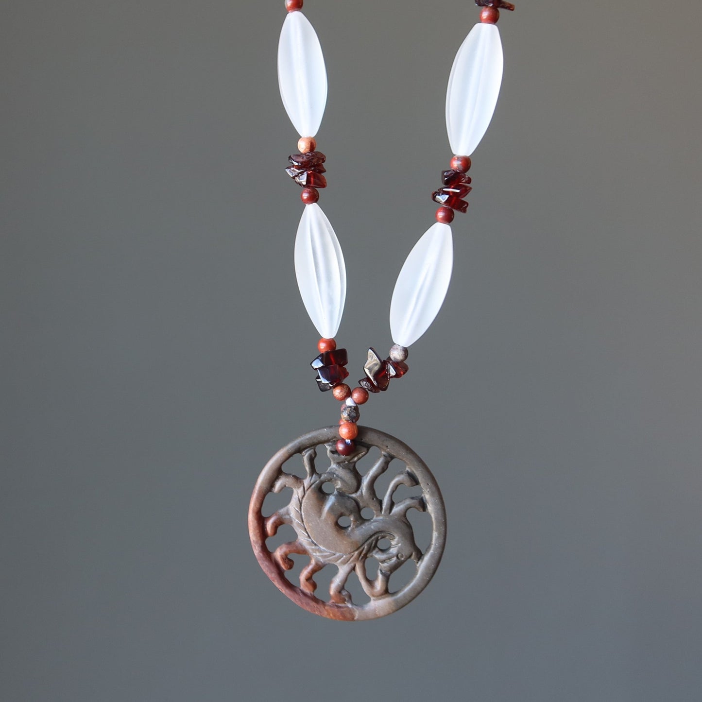 Crystal Necklace Dragon Medallion Garnet Agate Jasper