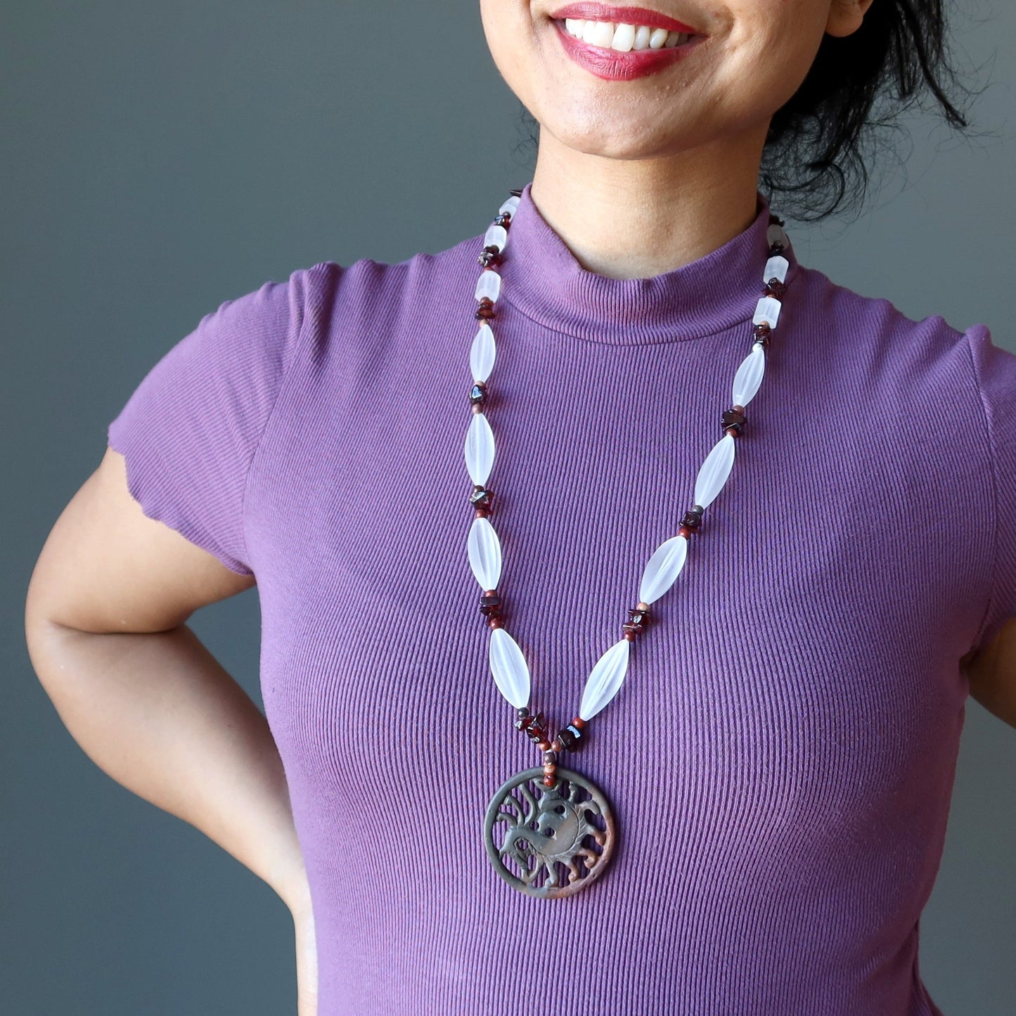 Crystal Necklace Dragon Medallion Garnet Agate Jasper