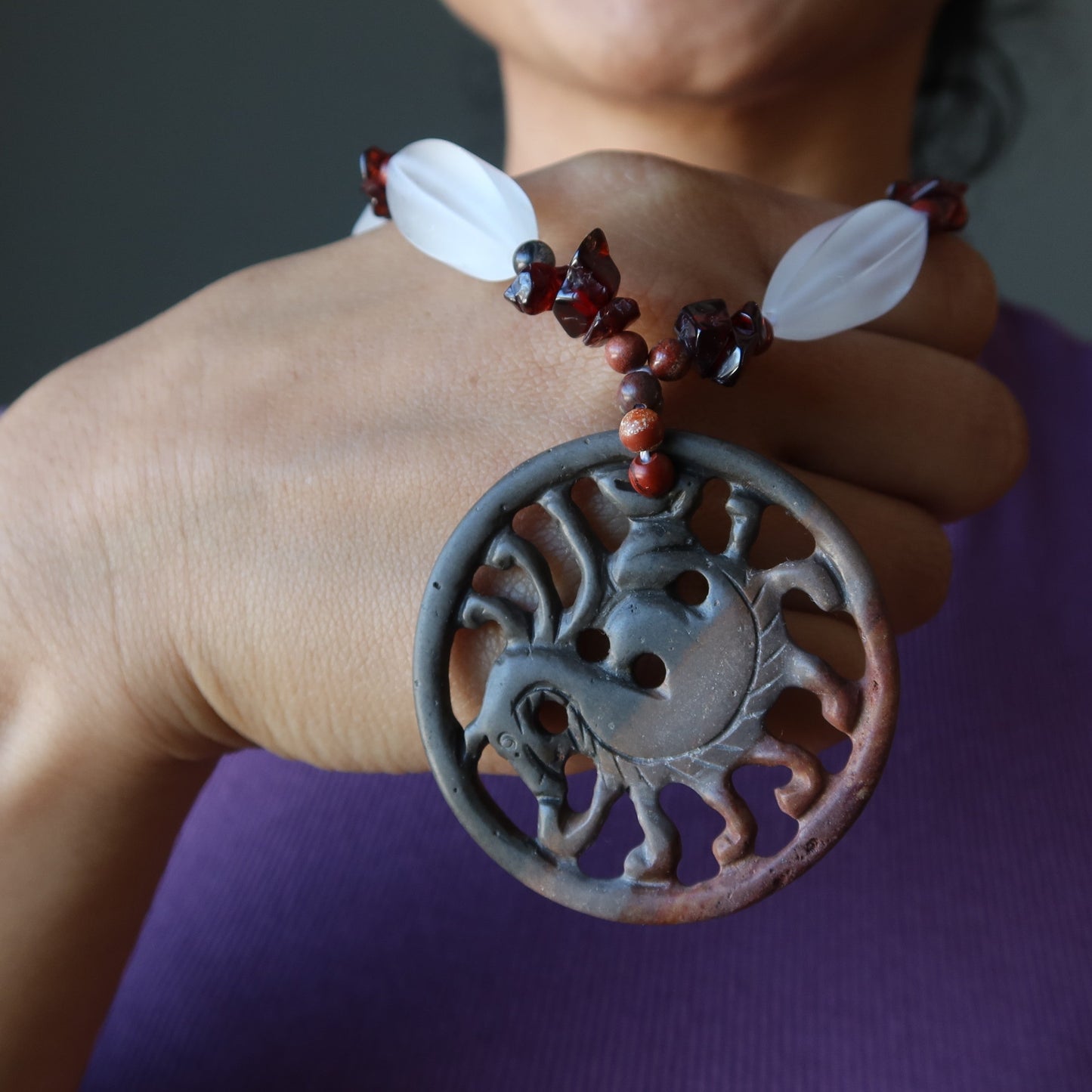 Crystal Necklace Dragon Medallion Garnet Agate Jasper