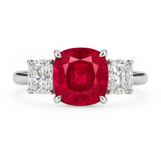 Handmade 18K White Gold Ruby Ring, 3 Stone, 1.31ct