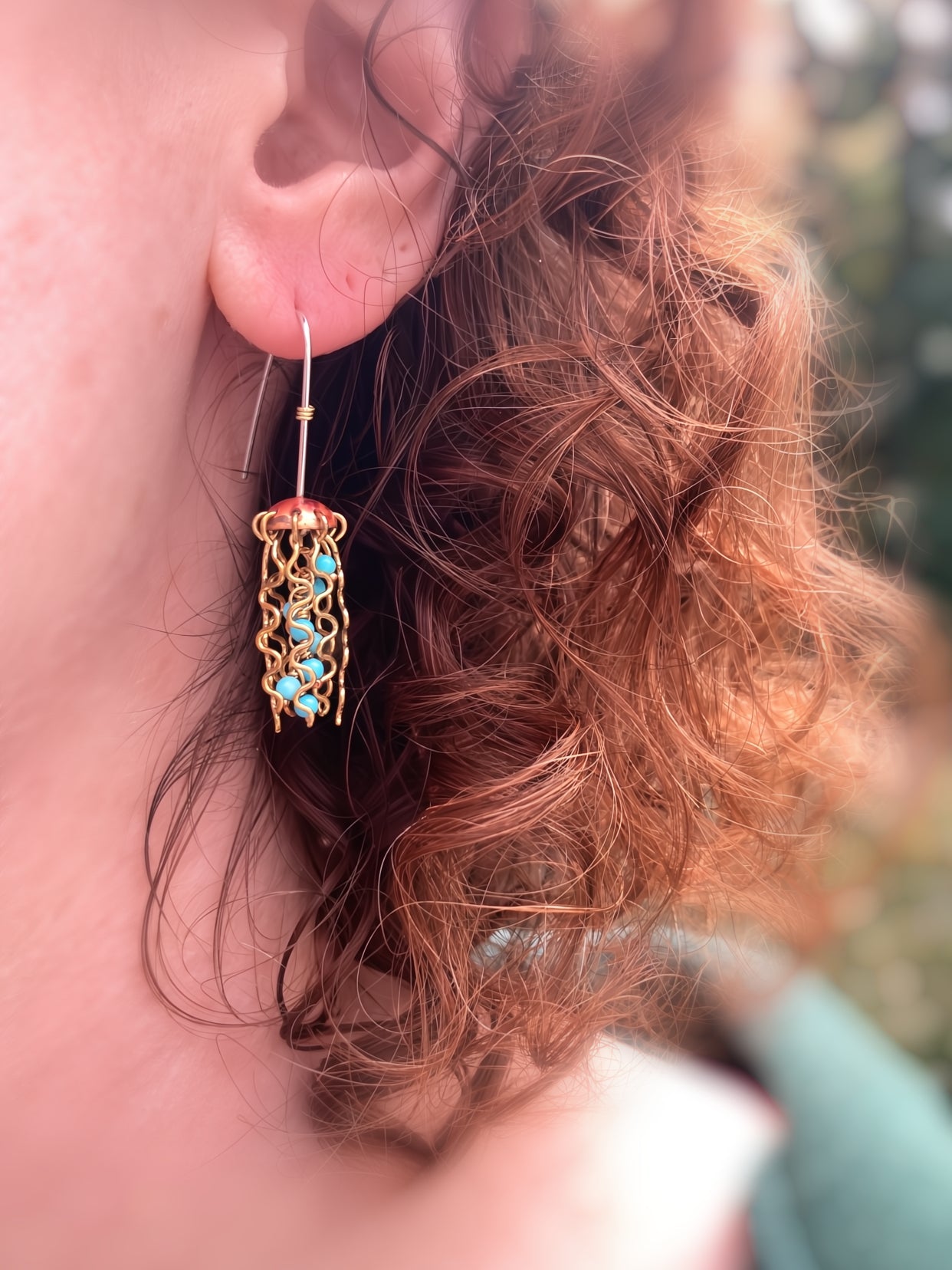 Mini Red Copper Jellyfish Earrings with Turquoise Beads and Sterling Silver Earwires