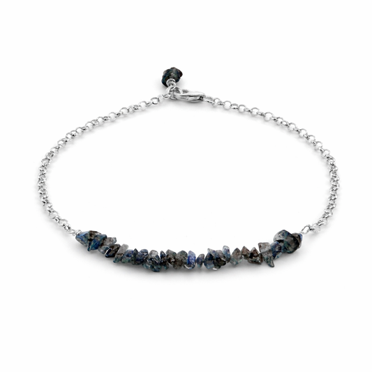 Blue Flash Labradorite Chip Bracelet – Sterling Silver Rolo Chain – Wire Wrapped Gemstone Bracelet – 7" Handmade Bracelet