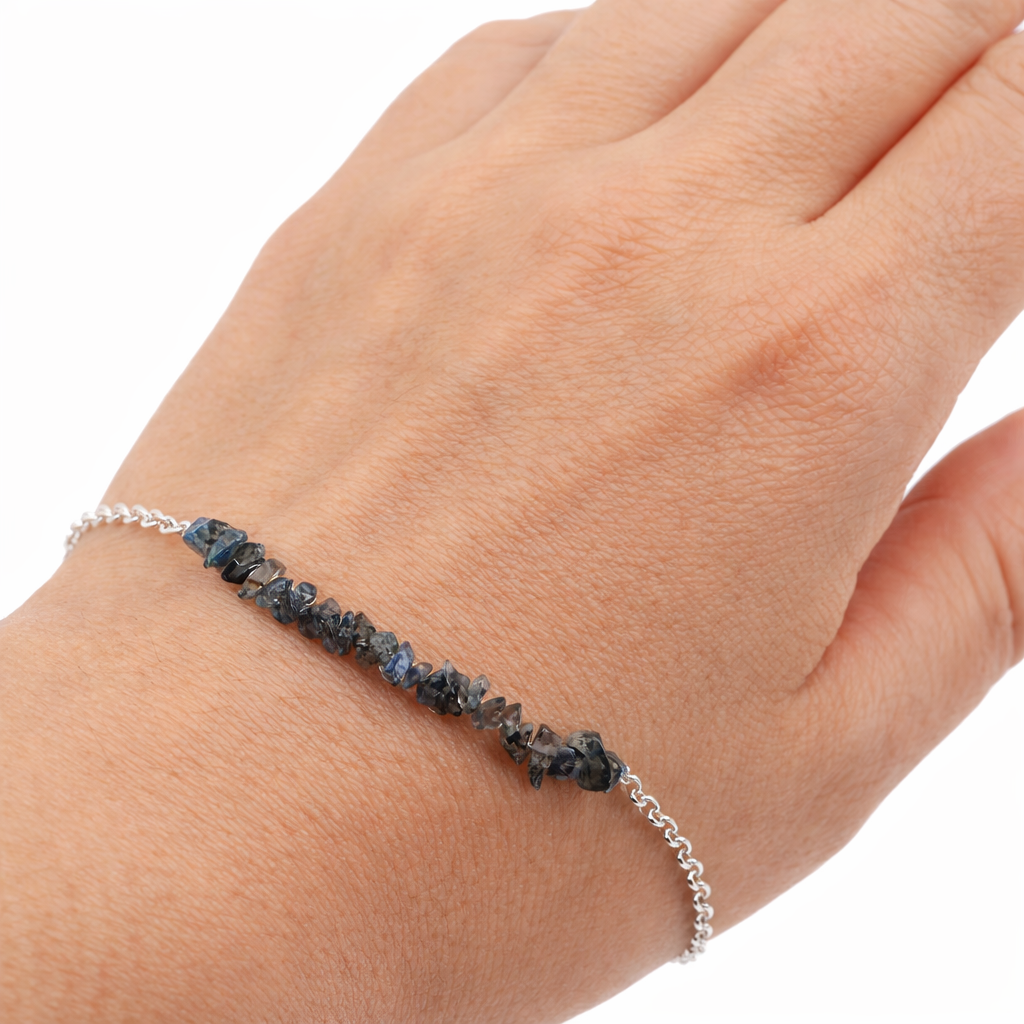 Blue Flash Labradorite Chip Bracelet – Sterling Silver Rolo Chain – Wire Wrapped Gemstone Bracelet – 7" Handmade Bracelet
