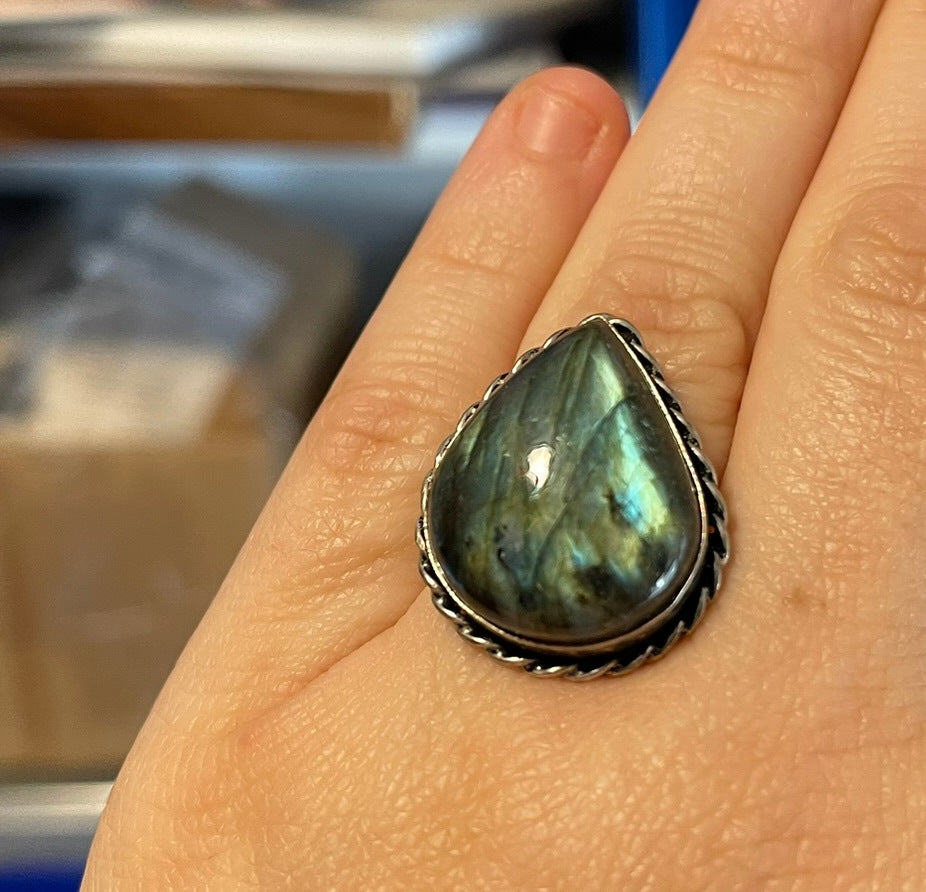 One of a Kind Chunky Labradorite Ring – Sterling Silver Size 8.5 Statement Gemstone