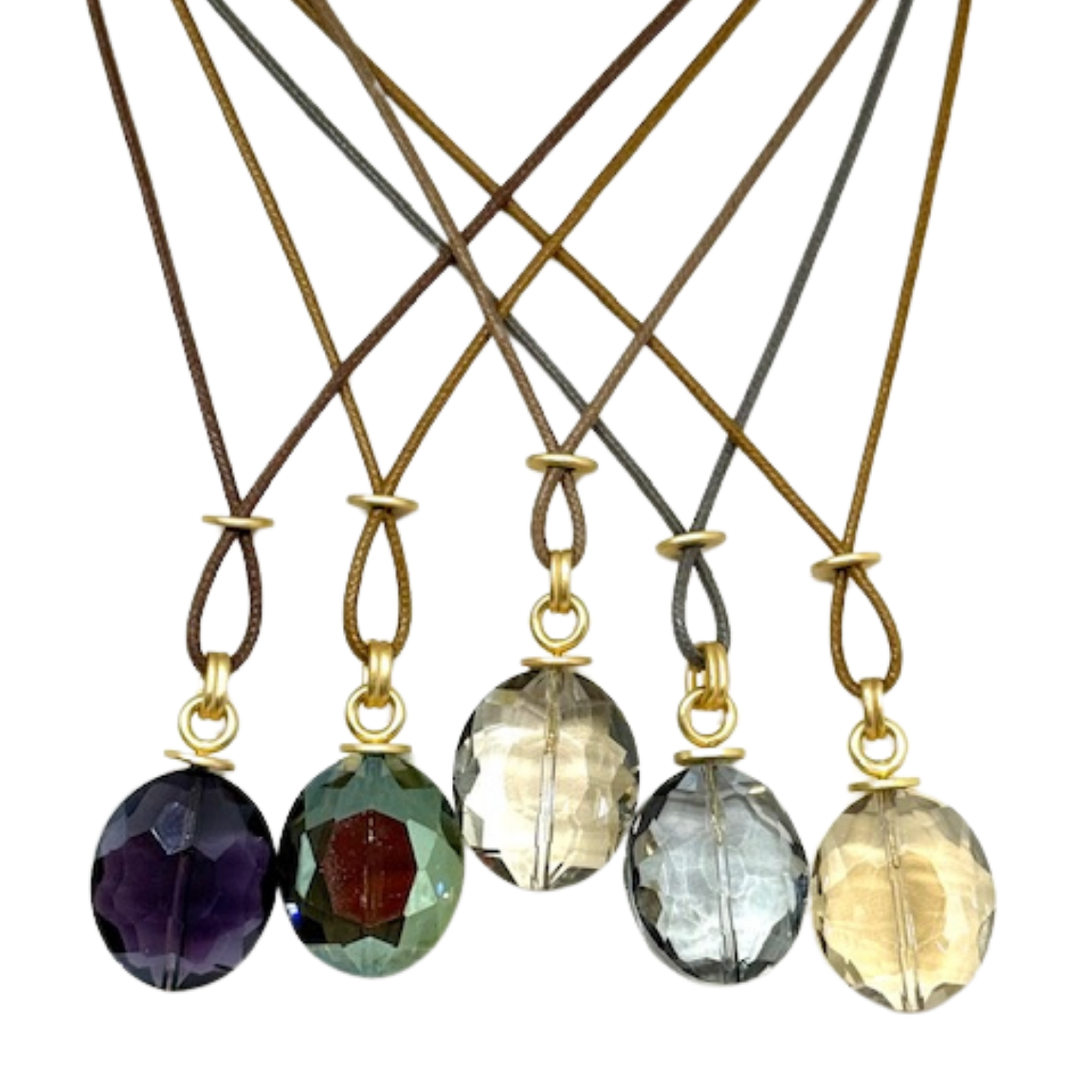 Large Champagne Oval Crystal on Bronze Linen Necklace