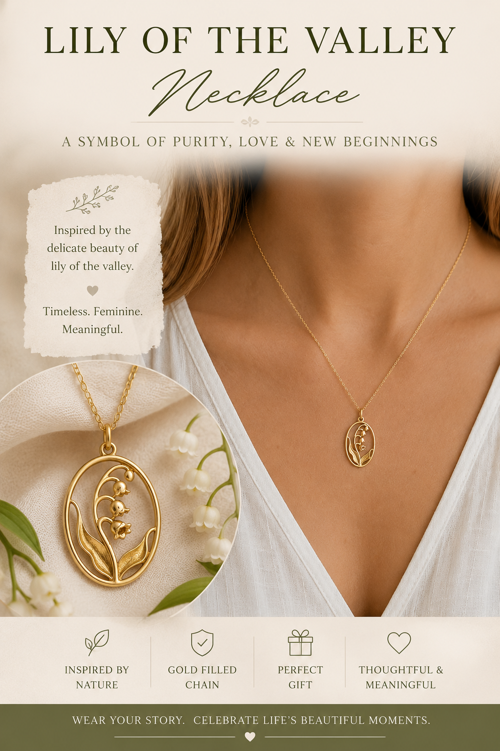 Lily of the Valley Necklace | Bronze Floral Pendant on Gold Filled Chain