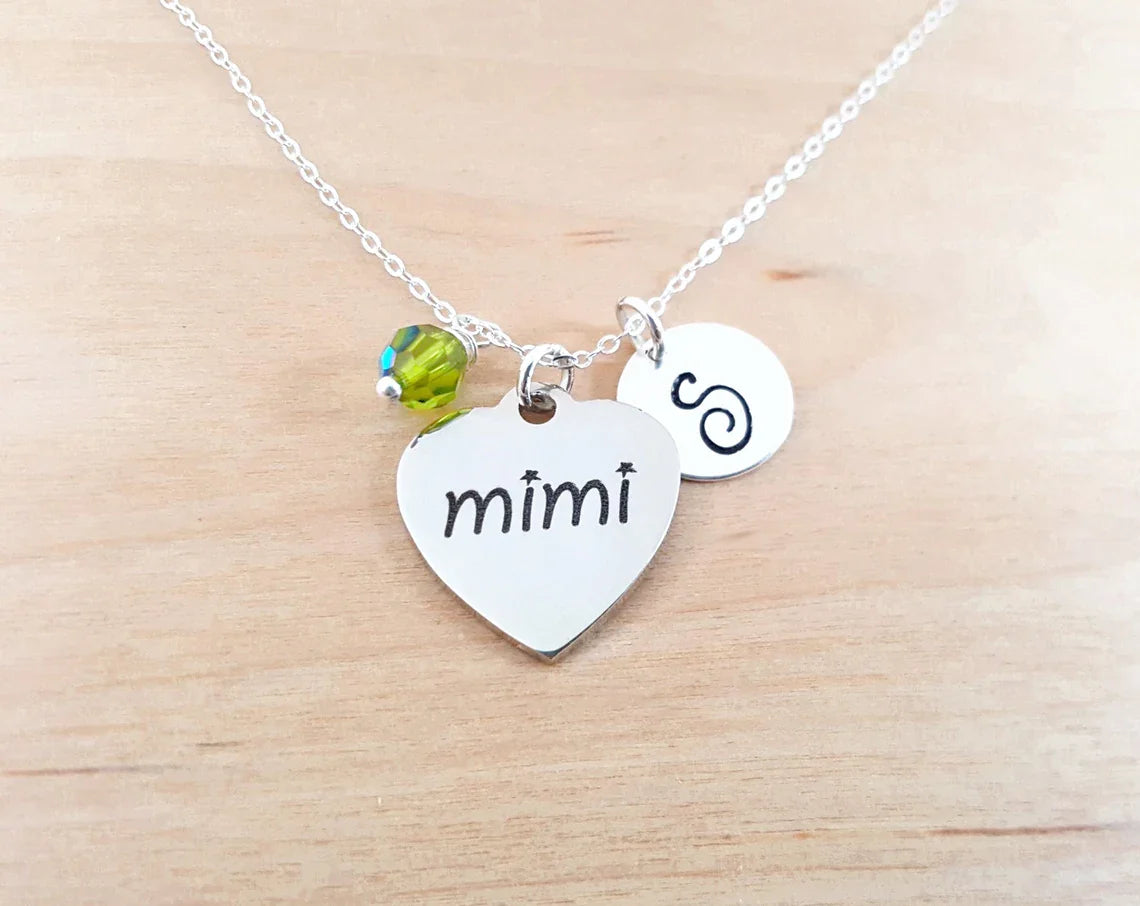 Mimi Necklace – Stainless Steel Charm on Sterling Silver Chain with Birthstone & Initial