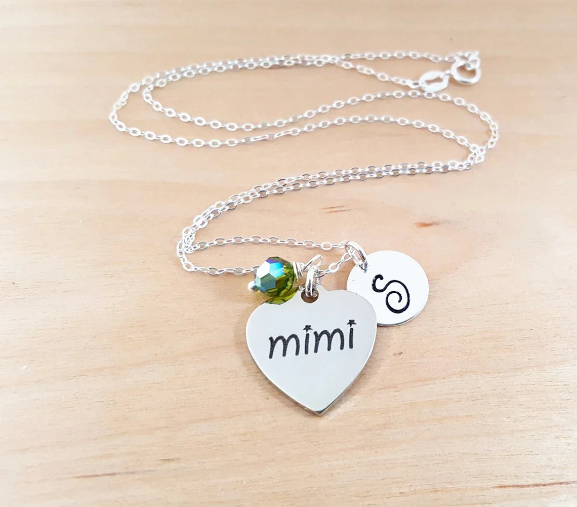 Mimi Necklace – Stainless Steel Charm on Sterling Silver Chain with Birthstone & Initial