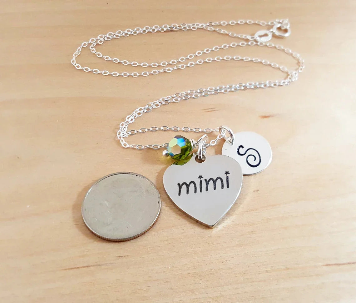 Mimi Necklace – Stainless Steel Charm on Sterling Silver Chain with Birthstone & Initial
