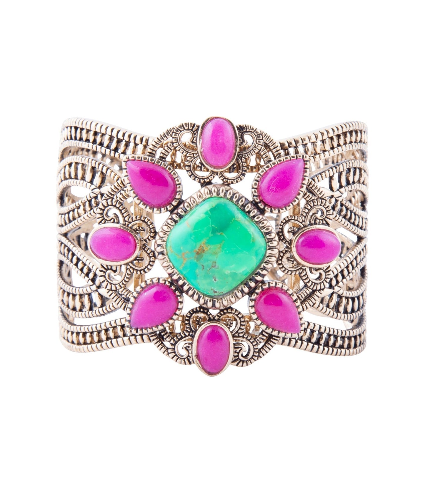 Madeira Lime and Pink Agate Statement Golden Cuff Bracelet