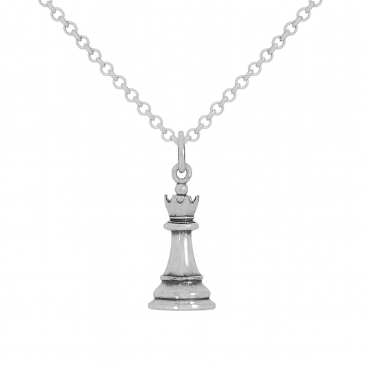 Solid Sterling Silver Queen Chess Necklace – 3D Charm on 18" Chain