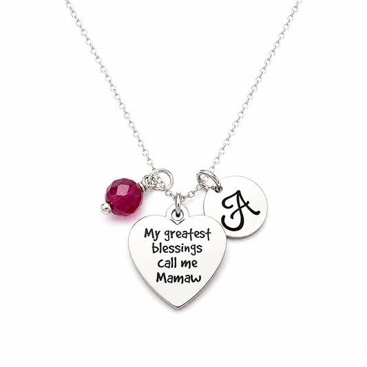 Call Me Mamaw Necklace – Sterling Silver with Birthstone & Initial Charm