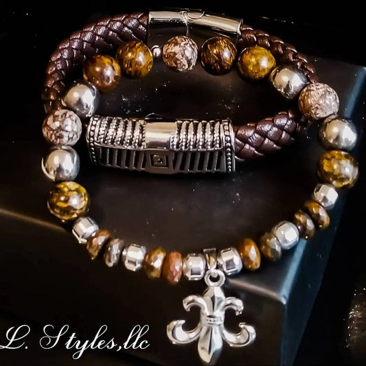 Men's Bronzite and Silver Hematite Bracelet set