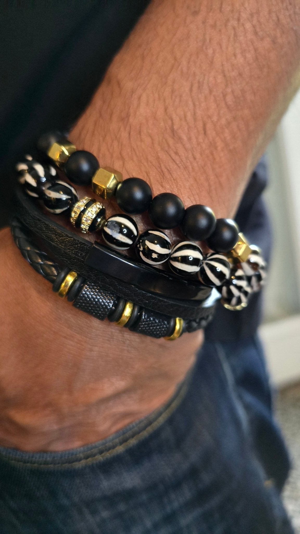 Men's Natural Tibetan Agate and Onyx Bracelet set