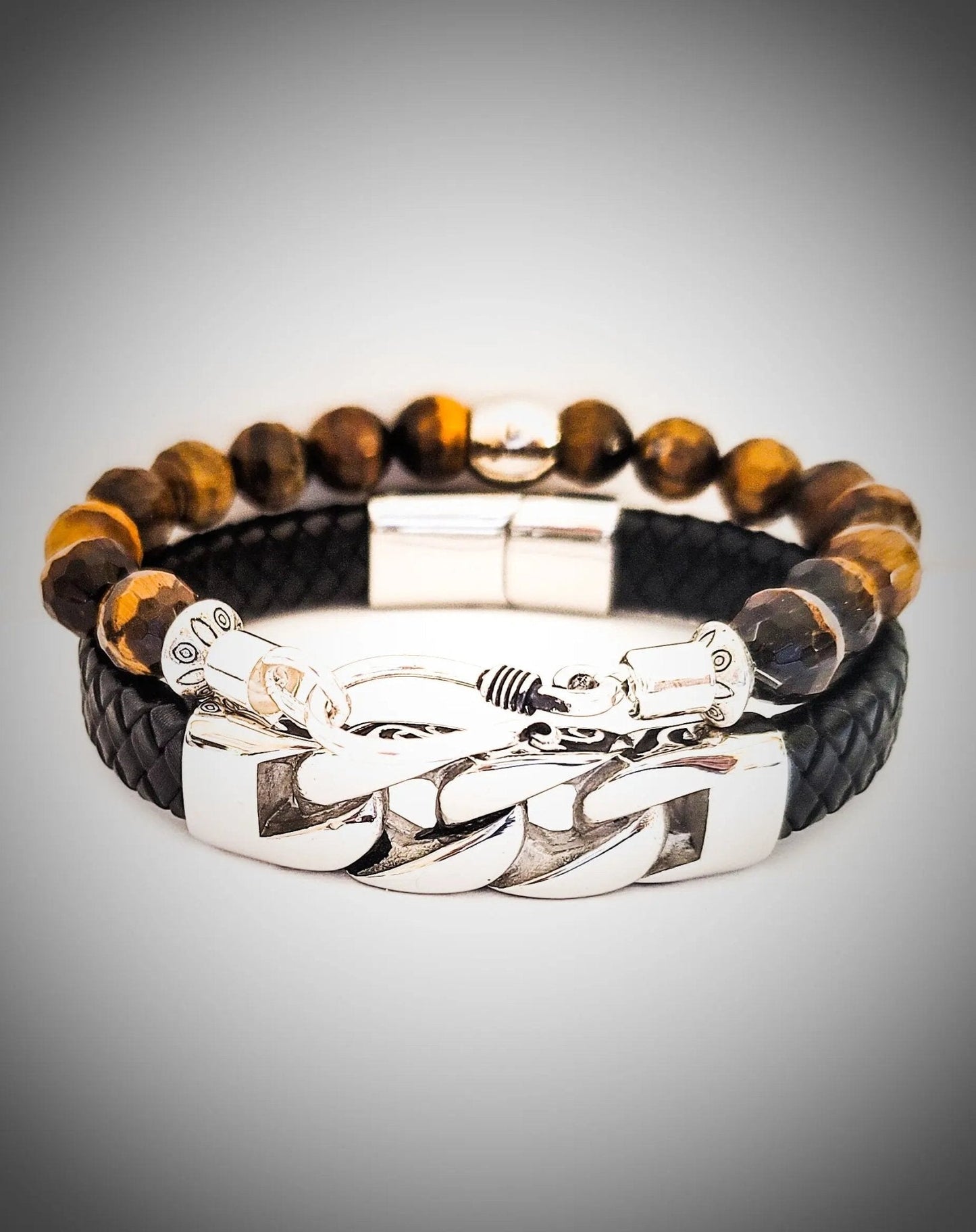 Men's Tiger Eye and Leather Bracelet Set