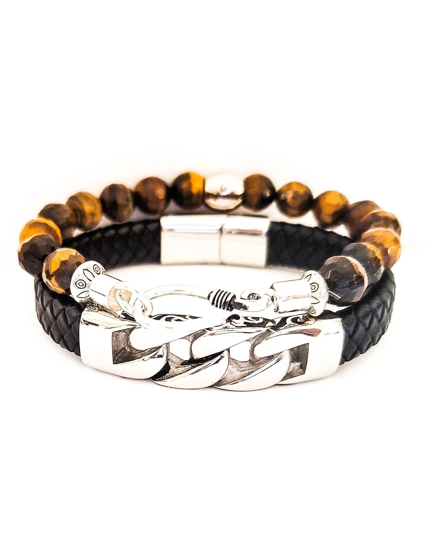 Men's Tiger Eye and Leather Bracelet Set