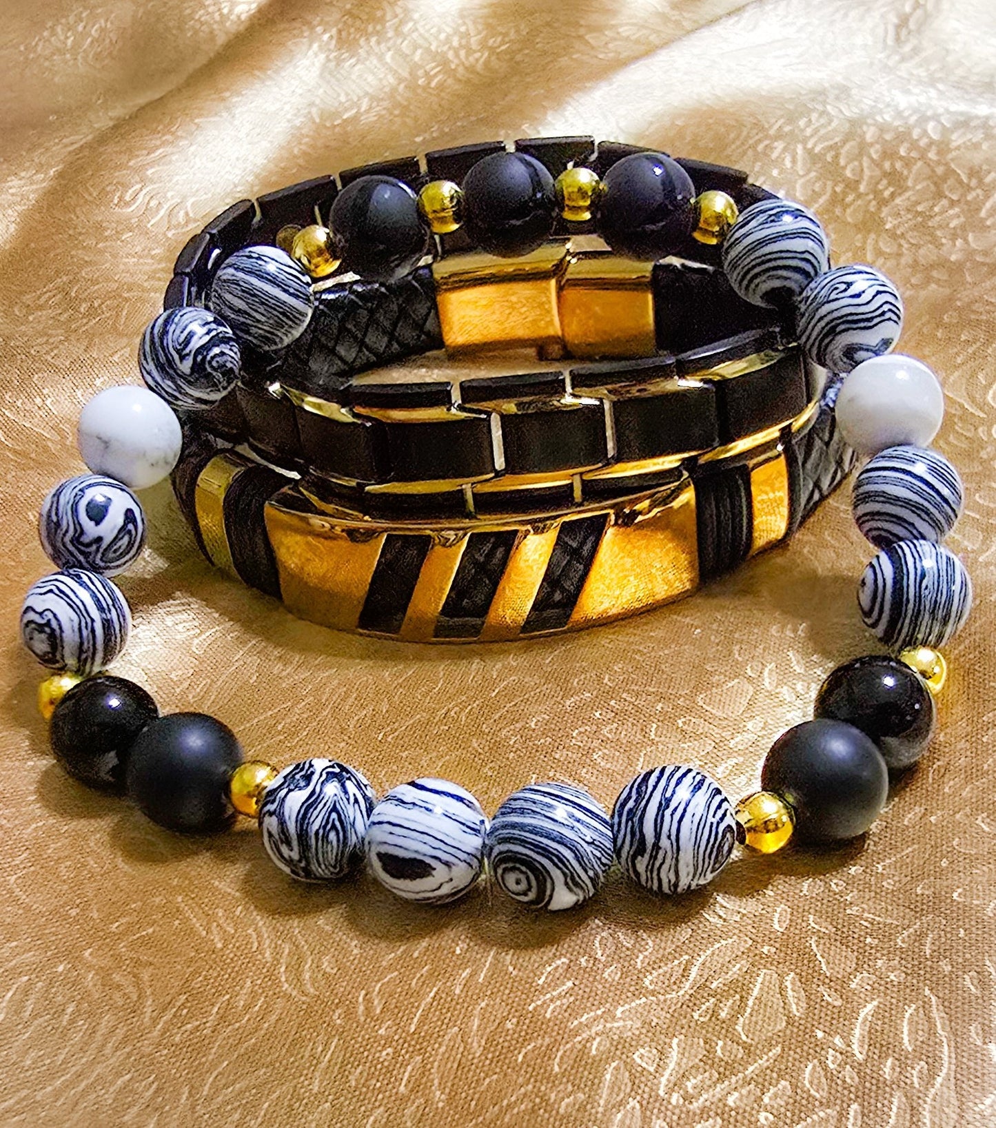 Men's White Malachite and Onyx 3pc. Bracelet set
