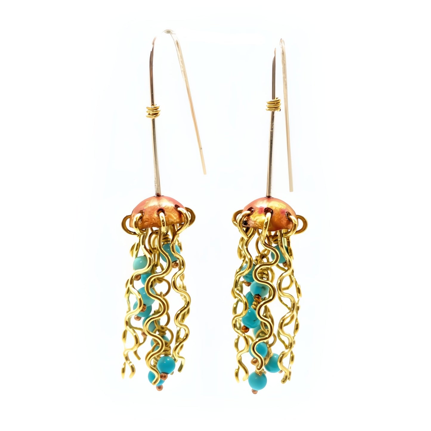 Mini Red Copper Jellyfish Earrings with Turquoise Beads and Sterling Silver Earwires