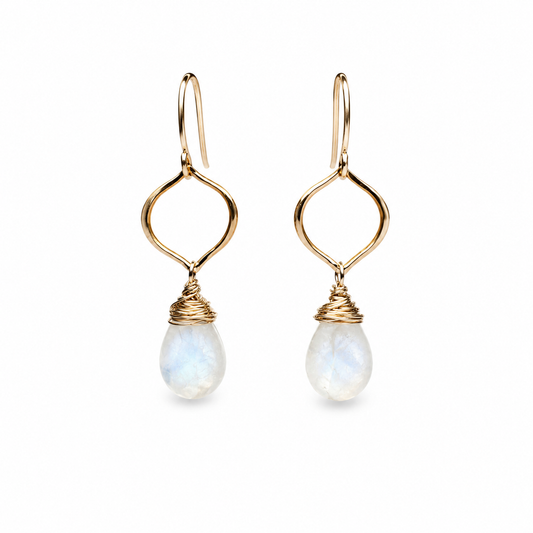 14k Gold Filled Moonstone Wire Wrapped Briolette Drop Earrings | OOAK