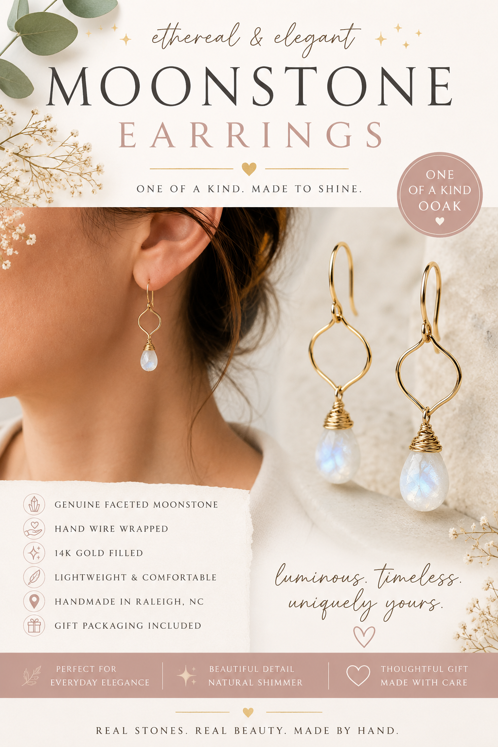 14k Gold Filled Moonstone Wire Wrapped Briolette Drop Earrings | OOAK