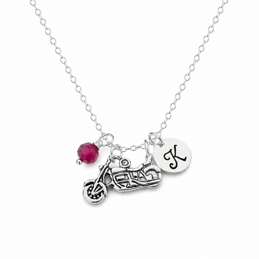 Personalized Motorcycle Necklace – Sterling Silver with Birthstone or Pearl
