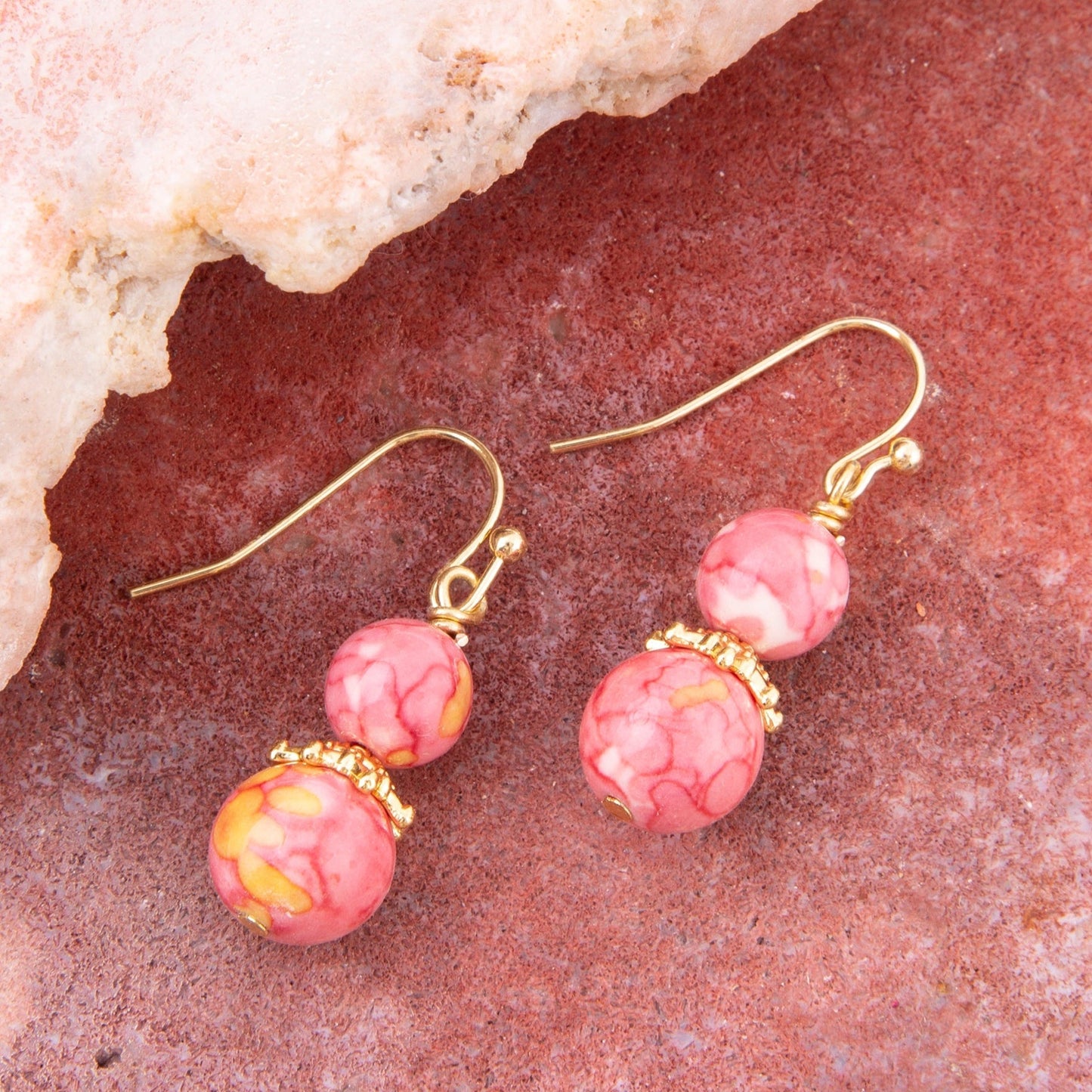 Mottled Pink Jade Golden Drop Earrings