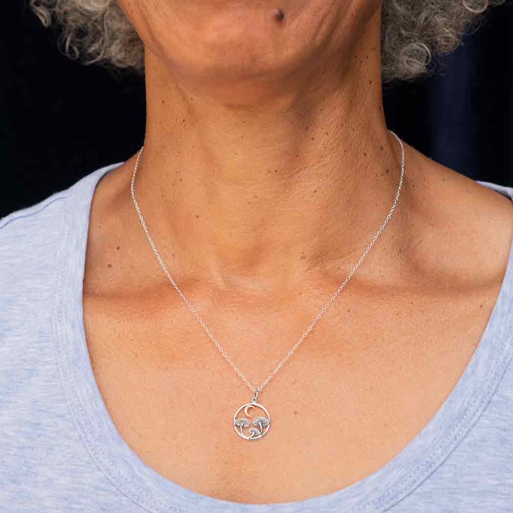 Sterling Silver Mushroom & Bronze Moon Necklace – Woodland Witchy Jewelry