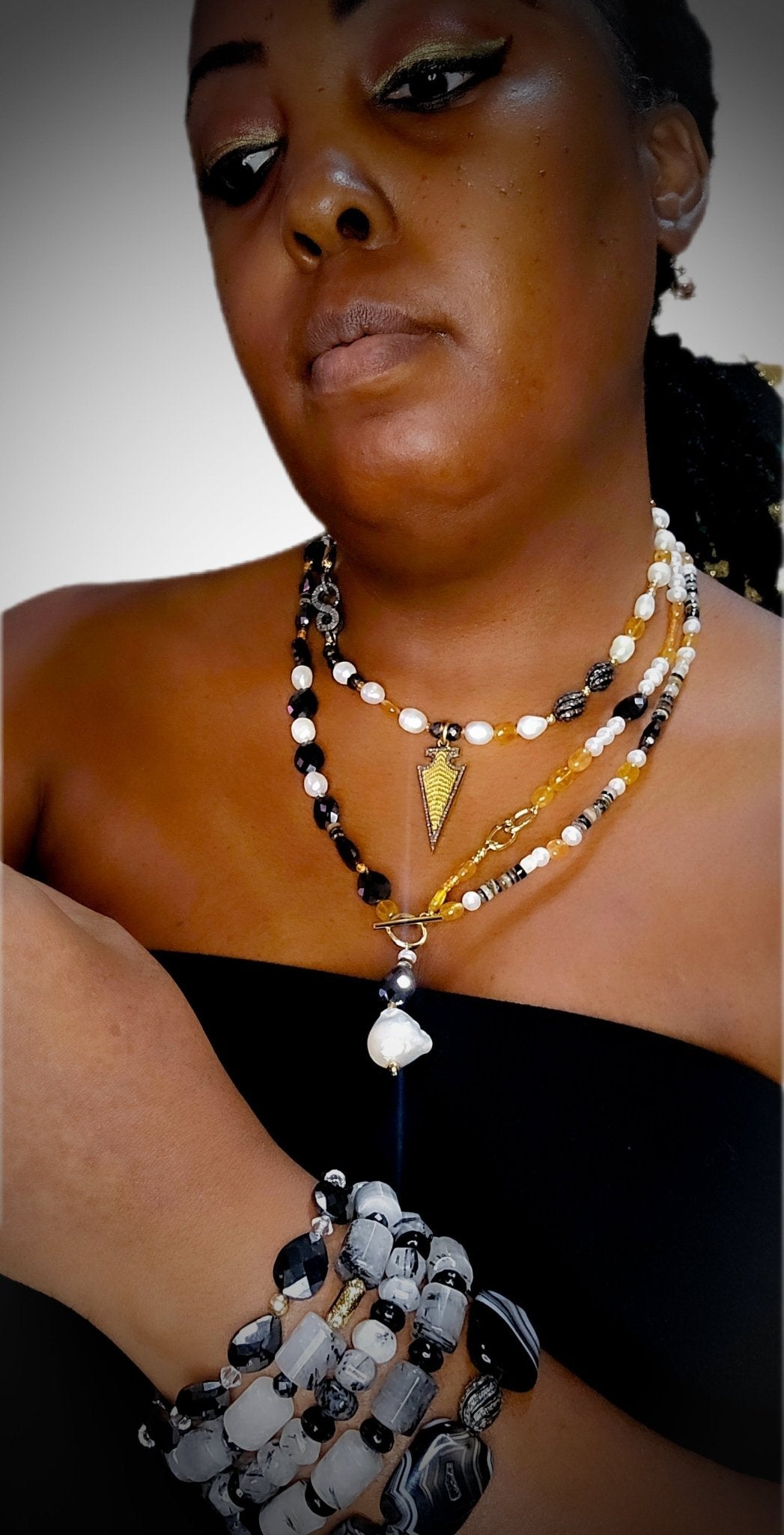 Natural Black Mossanite and Orange Sapphire Necklace