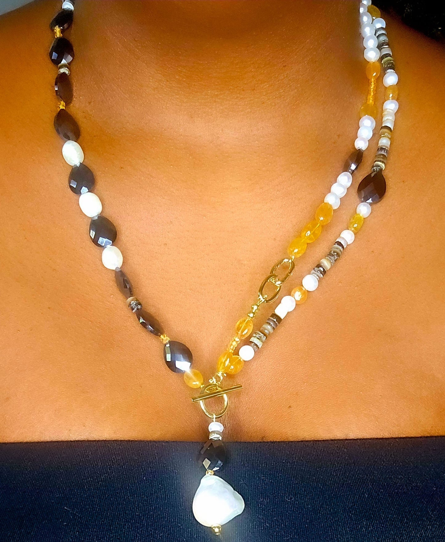 Natural Black Mossanite and Orange Sapphire Necklace