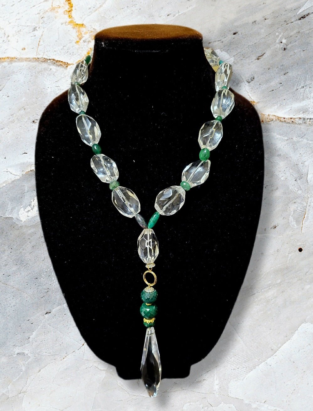 Natural Clear Quartz and Colombian Emerald Necklace