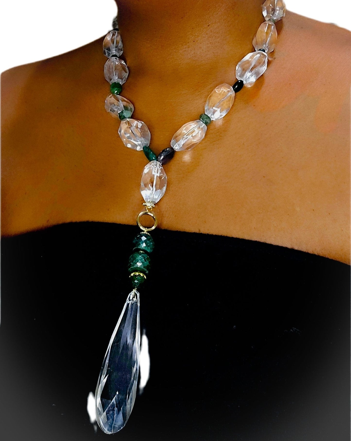Natural Clear Quartz and Colombian Emerald Necklace