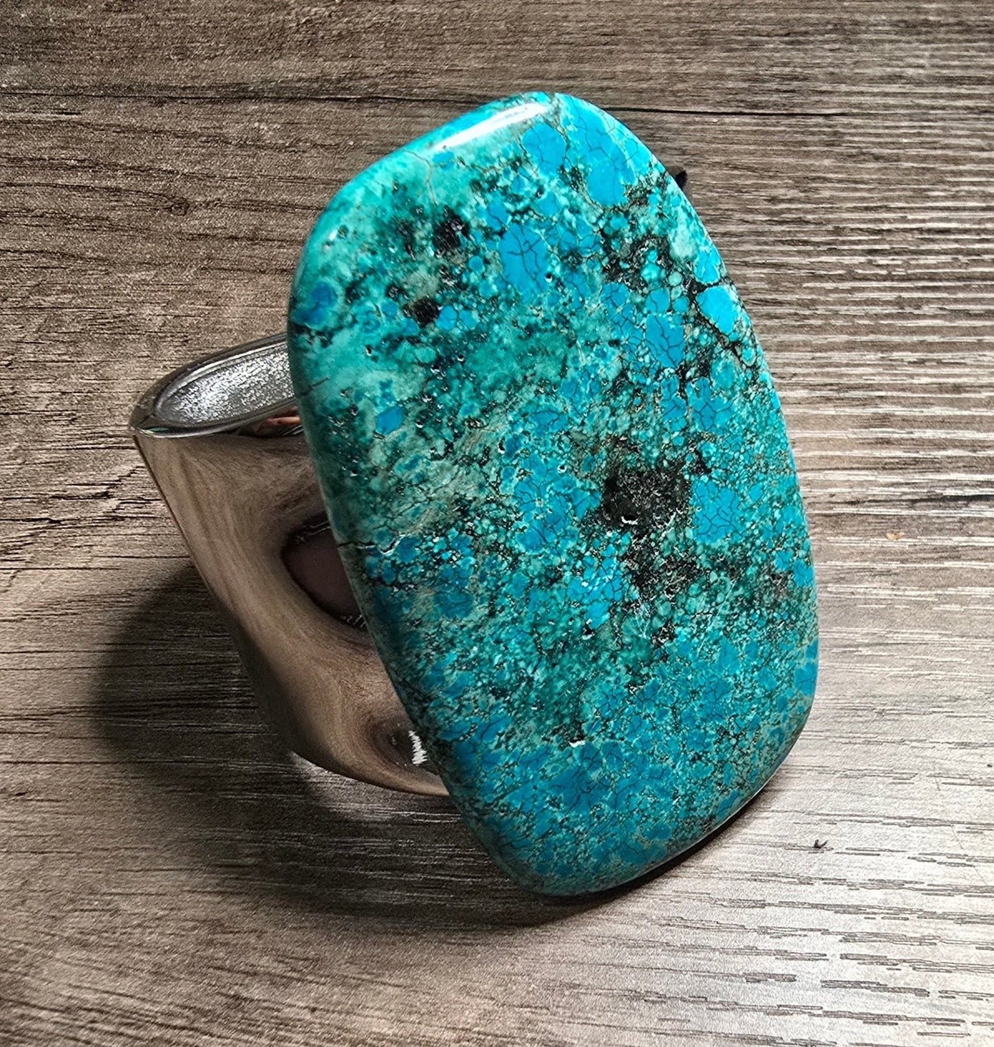Natural Large Blue Turquoise and Silver Bangle