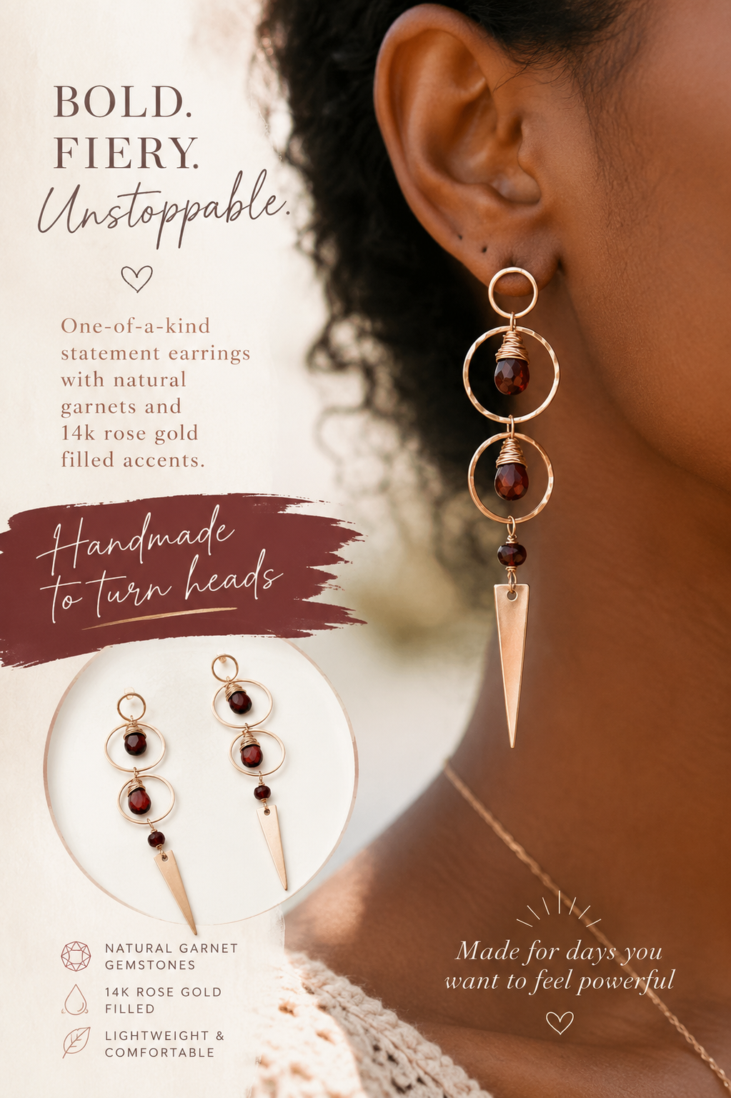 Garnet & 14K Rose Gold Filled Spike Statement Earrings